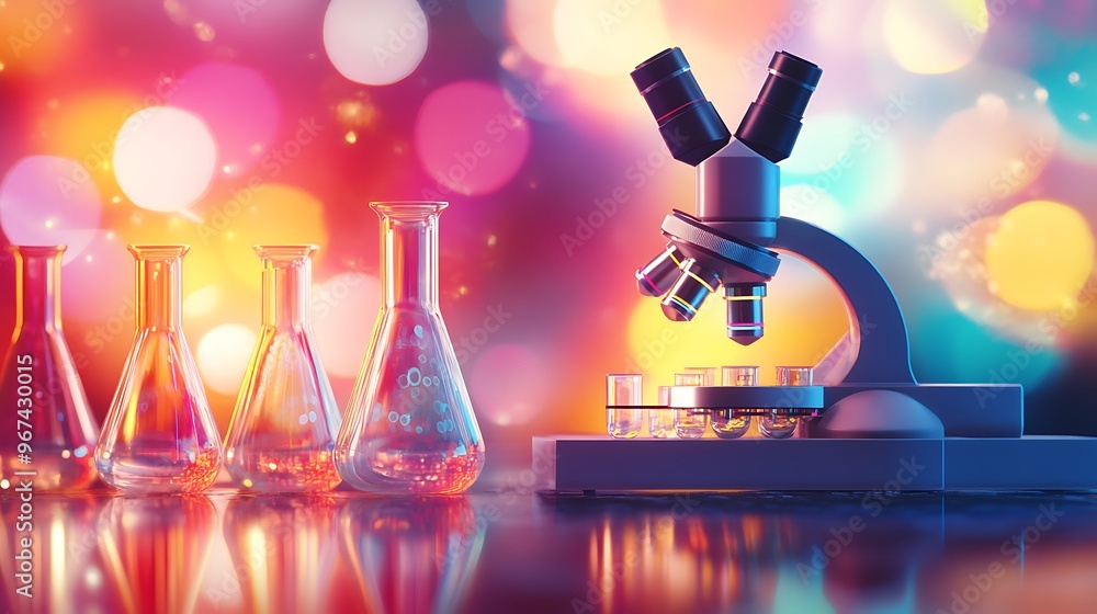 Poster microscope and flasks on a laboratory table
