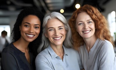 Fototapeta premium Diverse group of confident business women working together. Inclusion, equality. Happy office workers. Job satisfaction.