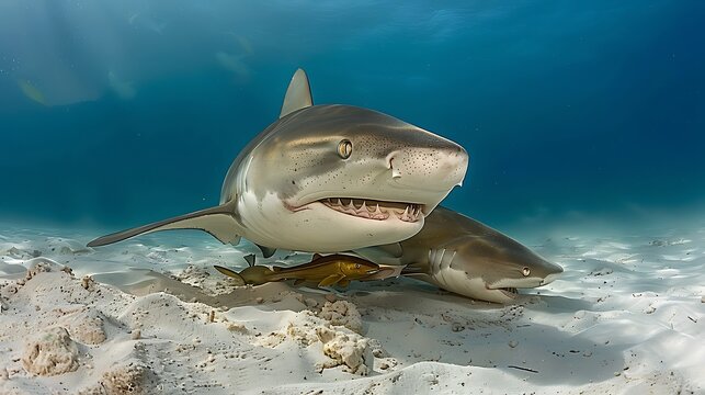 Remora attached to shark underbelly, symbiotic relationship: A remora clings to the underbelly of a shark, their symbiotic relationship evident as the remora benefits from the shark's protection 