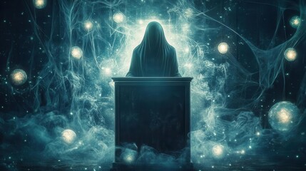 Phantom figure at an ethereal podium, surrounded by swirling mist and glowing orbs, haunting Halloween vibe