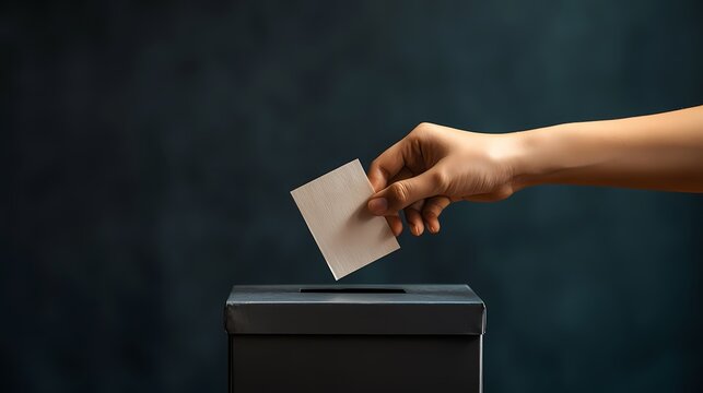 A hand casting a vote into a ballot box in a democratic process.