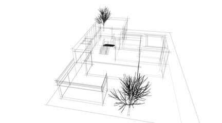 Fototapeta premium Architectural sketch of modern building 3d rendering