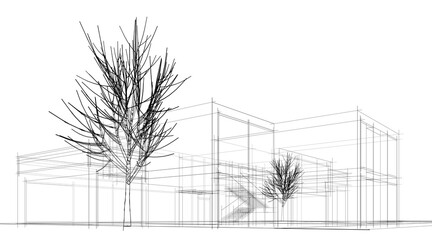 Architectural sketch of modern building 3d rendering
