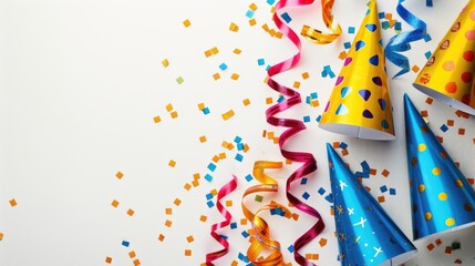 Colorful birthday hat and streamers on white background with space for text