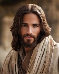 Fototapeta premium Jesus with long brown hair and beard in traditional attire