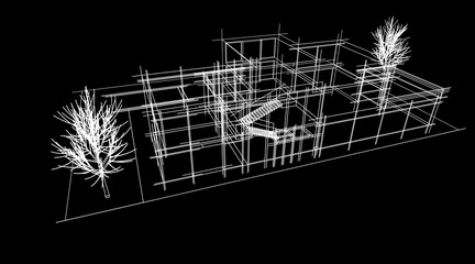 Architectural sketch of modern building 3d rendering
