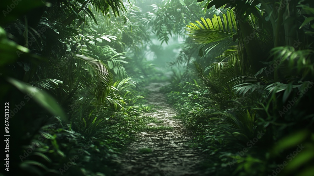 Poster a dense jungle path winds through a lush green landscape. the background is blurred, creating a sens