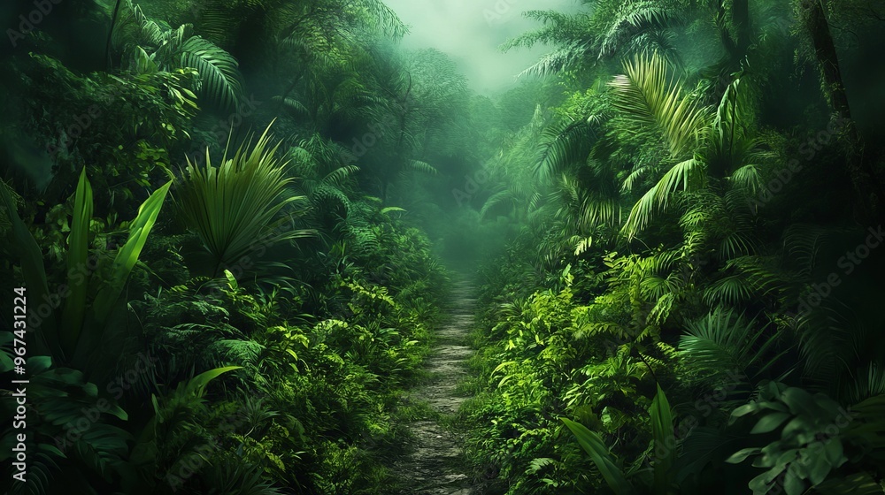Poster a dense jungle path winds through a lush green landscape. the background is blurred, creating a sens