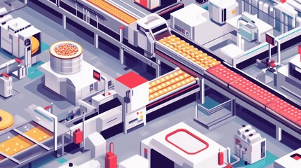 Obraz premium Illustration of a food packaging assembly line with machines and conveyor belts moving products through the process