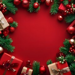 christmas decorations and gifts on red background