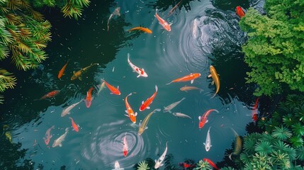 Colorful fish swim in a man made pond from above