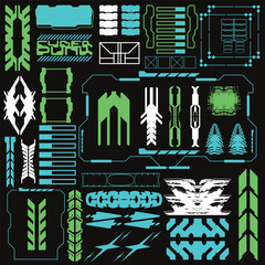 cyberpunk y2k 2000s gaming futuristic icon pattern  set collection template hud for branding fashion t-shirt decoration decals, 2d illustration rendering vector 