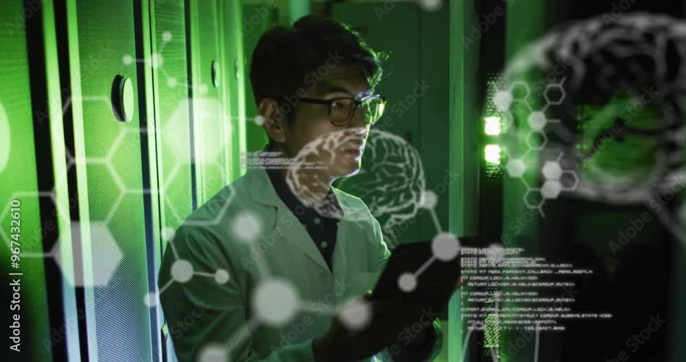 Aufkleber animation of data processing with brains over asian male scientist in server room
