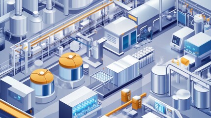 Obraz premium Illustration of a dairy production facility with milk processing equipment and automated systems