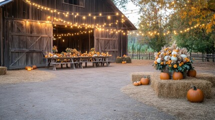 A rustic barn turned into a Halloween party space pumpkins