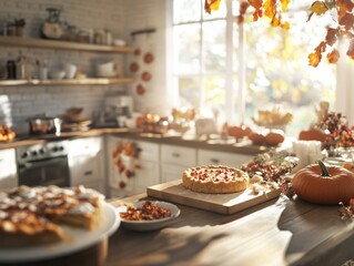 A rustic kitchen filled with pumpkins a family baking pumpkin pies together