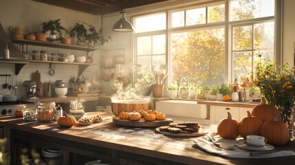 A rustic kitchen with a family gathered around making pumpkin-themed cookies