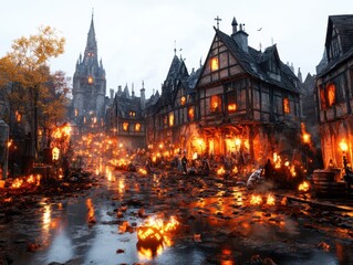 Obraz premium Enthralling Halloween Scene in Haunted Medieval Village with Ghostly Knights, Eerie Castles, and Spooky Torches for Immersive Experience