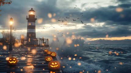 Obraz premium A rustic lighthouse glowing with jack-o-lanterns waves crashing in the background