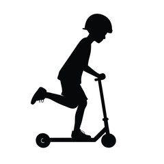 a People rides on an kick scooter, vector silhouette, isolated white background, 