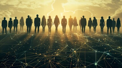 A group of business professionals from various industries standing on a giant, interconnected network, with digital lines connecting each person, symbolizing unity and synergy in the corporate ...