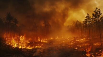 Intense forest fire scene with thick smoke and blazing flames illustrating environmental danger and destruction