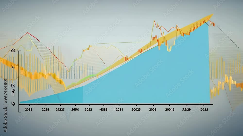 Poster dynamic chart with increasing blue and yellow lines, showing growth and fluctuations in data over ti