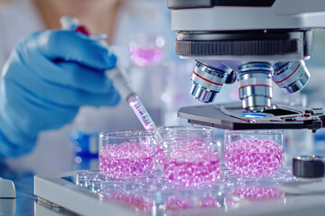 a scientist using a microscope to examine cell cultures, an alternative to animal testing