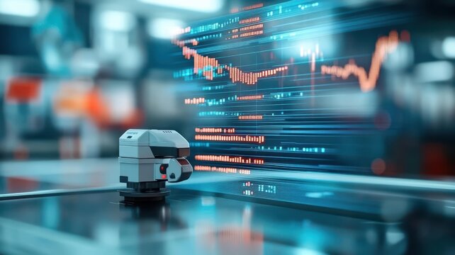 Autonomous finance robot, scalable trading algorithms, transparent holographic screens, futuristic space