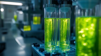 Close-up of Bubbling Green Liquid in Test Tubes