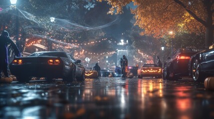 Obraz premium A spooky Halloween block party cars decorated with glowing pumpkins and cobwebs