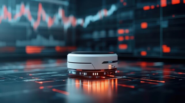 Autonomous finance robot, scalable trading algorithms, transparent holographic screens, futuristic space