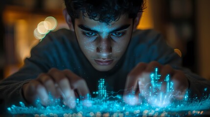 Teenage boy engaging with digital data visualization on a futuristic interface.