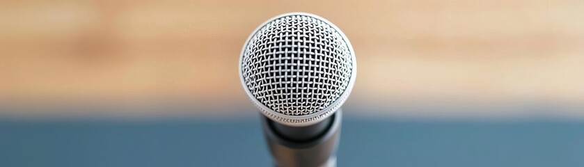 Close-up of a microphone on a wooden background, symbolizing sound, music, or public speaking in a professional setting.