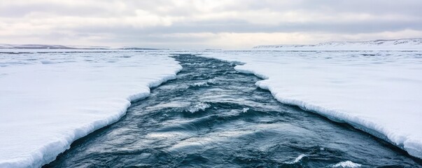 Cold continental river with hail falling on the surface, choppy waters, overcast sky, raw and powerful nature scene