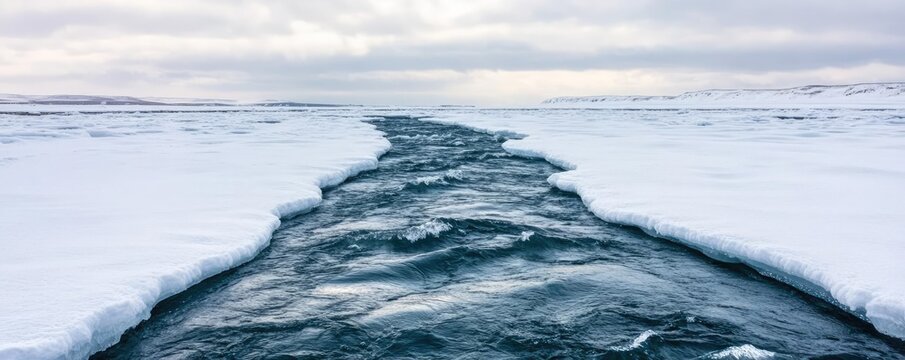 Cold continental river with hail falling on the surface, choppy waters, overcast sky, raw and powerful nature scene
