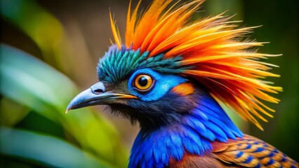 A majestic bird flaunts elaborate blue and orange plumage, topped off with a bold crest and intense, unblinking eyes.