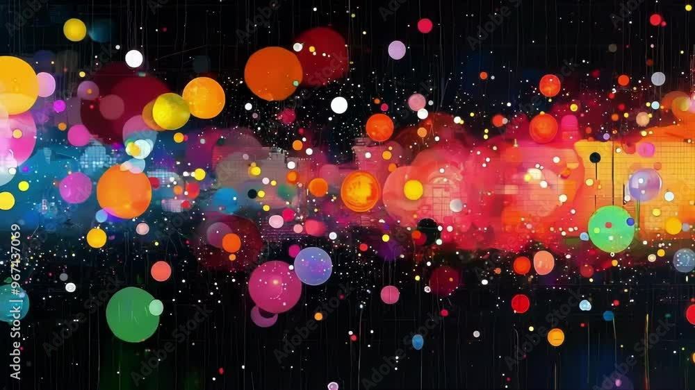 Poster abstract financial graph is forming with lines connecting colorful circles of data on a dark backgro