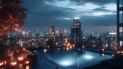 A spooky Halloween hotel rooftop party pumpkins glowing around the rooftop pool