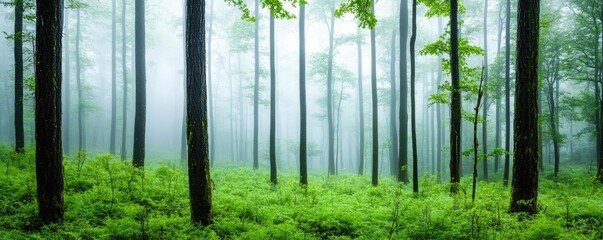 Misty forest with cool temperatures, light drizzle creating a soft haze, lush green undergrowth, serene and tranquil atmosphere