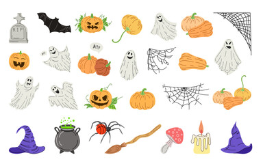 Big set of halloween elements in flat style. Design of ghost, creepy and spooky elements for halloween decorations, sketch, icon. Hand drawn vector isolated on white background.