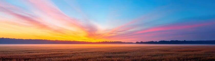 Fototapeta premium A summer field at sunrise, the sky painted in soft pastels, with low-lying mist creating an ethereal ambiance, the perfect balance of warmth and coolness