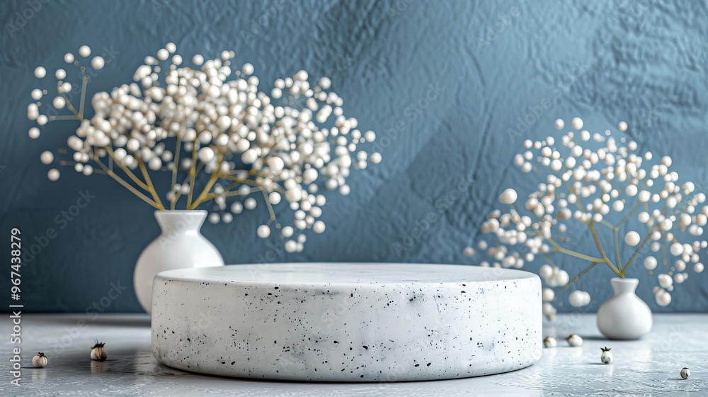 Wall mural elegant granite pedestal with white flowers against a blue background for natural design inspiration