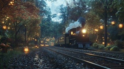 Fototapeta premium A spooky Halloween train ride through a haunted forest