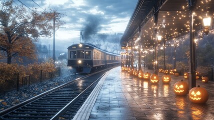Obraz premium A spooky Halloween train station jack-o-lanterns glowing on the platform