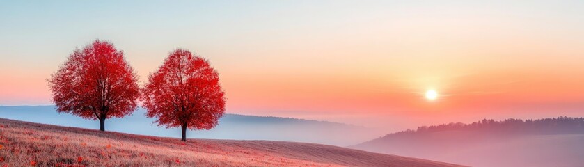 Obraz premium Hazy autumn sunset over a rolling hillside, the air filled with the crisp scent of ozone, trees ablaze with red and orange leaves, a serene landscape