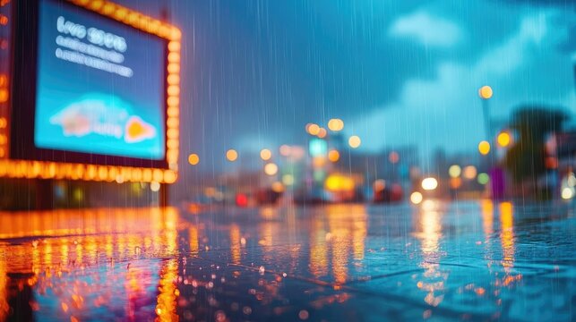 Intense thunderstorm over a saturated urban landscape, streets glistening with rain, a live weather update displayed on a large digital billboard