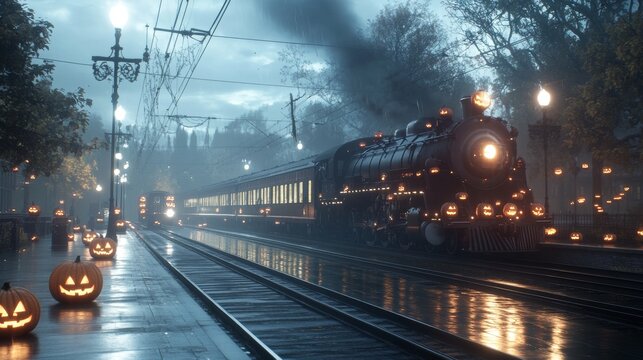 A spooky Halloween train station jack-o-lanterns glowing on the platform