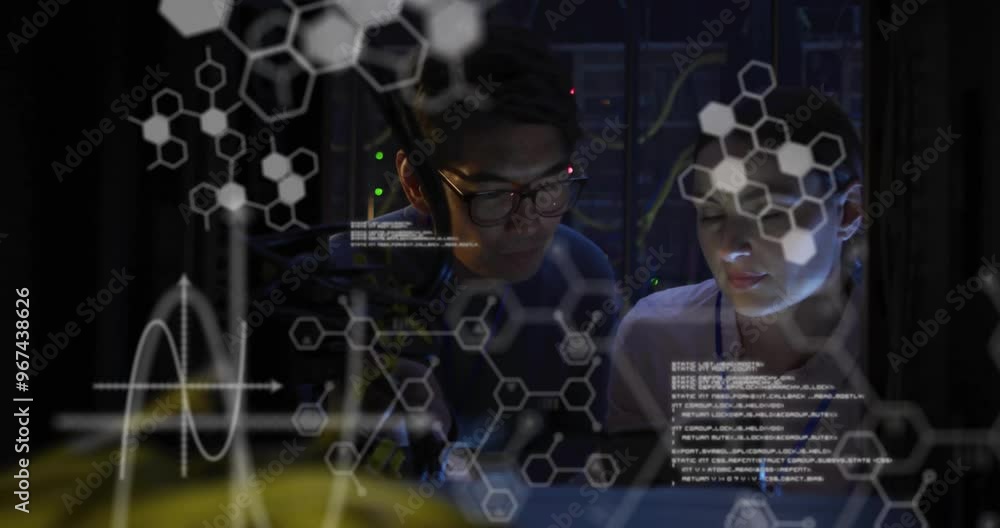Poster animation of data processing and chemical formula over diverse colleagues in server room