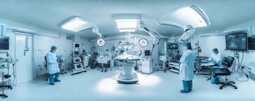 Poster wide-angle view of a surgical team operating with advanced robotic technology in a high-tech operati